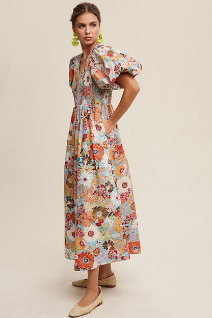 Listicle Flower Print Smocked V-neck Puff Sleeve Maxi Dress us.meeeshop - 