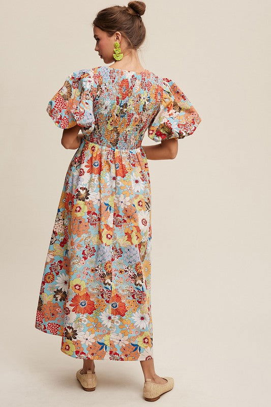 Listicle Flower Print Smocked V-neck Puff Sleeve Maxi Dress us.meeeshop - 