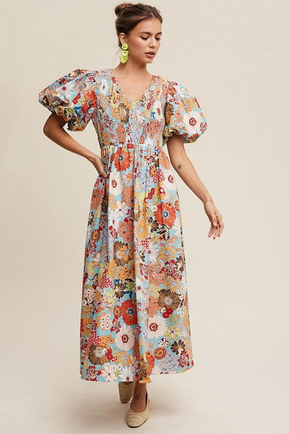 Listicle Flower Print Smocked V-neck Puff Sleeve Maxi Dress us.meeeshop - 