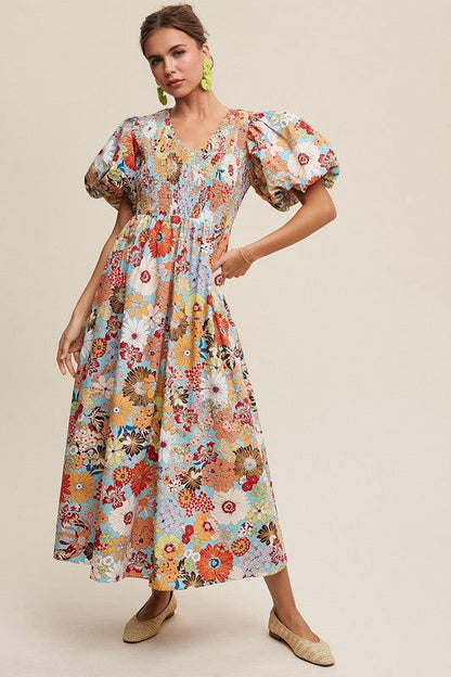 Listicle Flower Print Smocked V-neck Puff Sleeve Maxi Dress us.meeeshop - 