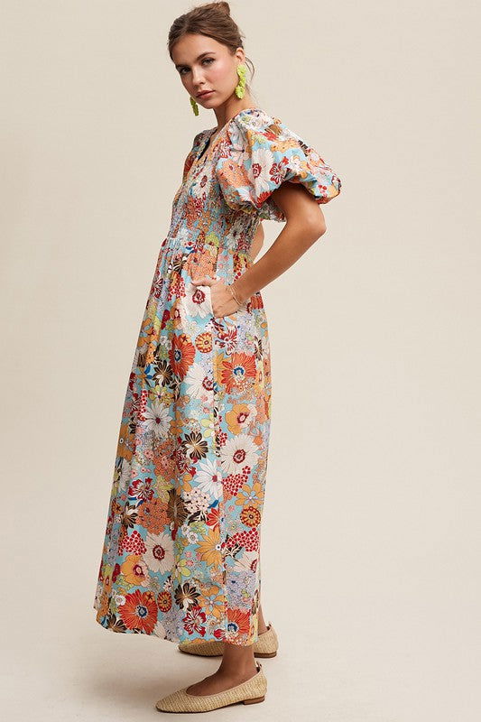 Listicle Flower Print Smocked V-neck Puff Sleeve Maxi Dress us.meeeshop - 