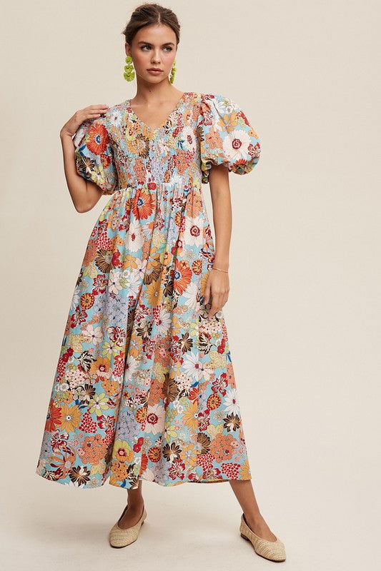 Listicle Flower Print Smocked V-neck Puff Sleeve Maxi Dress us.meeeshop - Dresses