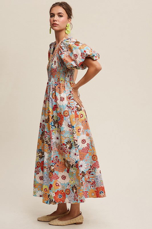 Listicle Flower Print Smocked V-neck Puff Sleeve Maxi Dress us.meeeshop - 