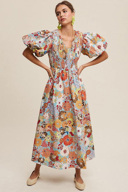 Listicle Flower Print Smocked V-neck Puff Sleeve Maxi Dress us.meeeshop - 