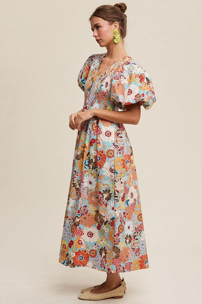 Listicle Flower Print Smocked V-neck Puff Sleeve Maxi Dress us.meeeshop - 