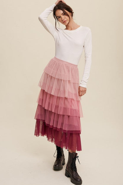 Listicle Gradient Style Tiered Mesh Maxi Skirt | us.meeeshop