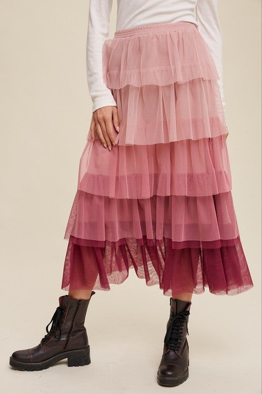 Listicle Gradient Style Tiered Mesh Maxi Skirt us.meeeshop - Skirts