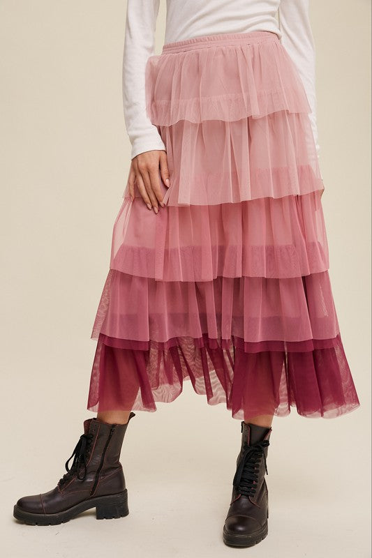 Listicle Gradient Style Tiered Mesh Maxi Skirt | us.meeeshop