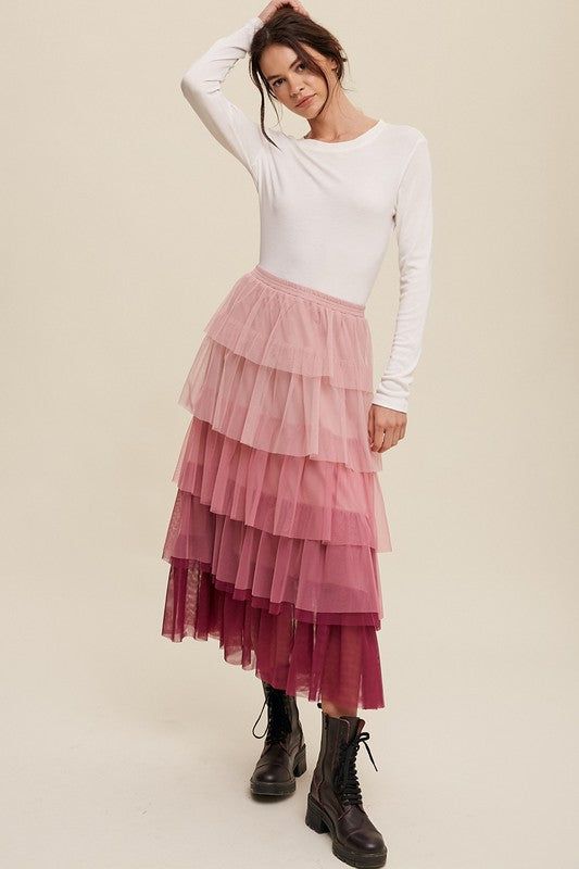 Listicle Gradient Style Tiered Mesh Maxi Skirt us.meeeshop - 