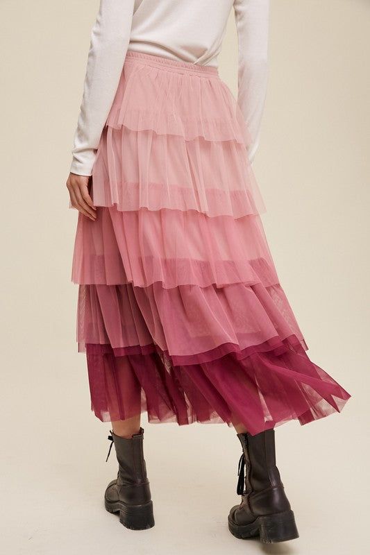 Listicle Gradient Style Tiered Mesh Maxi Skirt us.meeeshop - 