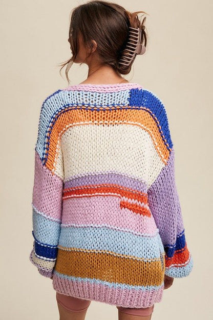 Listicle Hand Knit Multi Striped Cardigan us.meeeshop - 