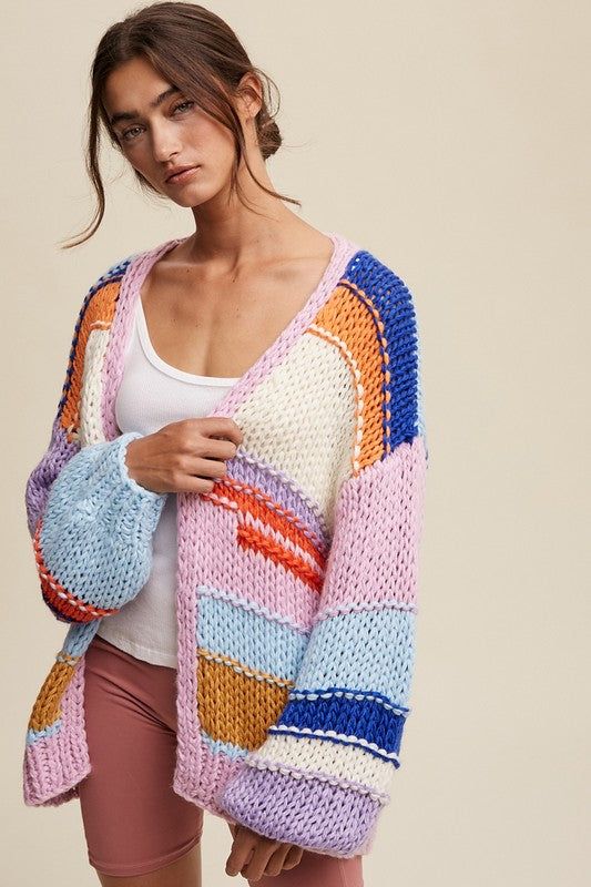 Listicle Hand Knit Multi Striped Cardigan us.meeeshop - Shirts & Tops