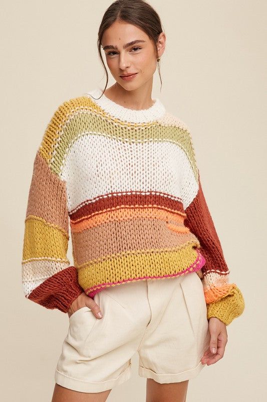 Listicle Open Mixed Knit Slouchy Hand Crochet Sweater us.meeeshop - Shirts & Tops