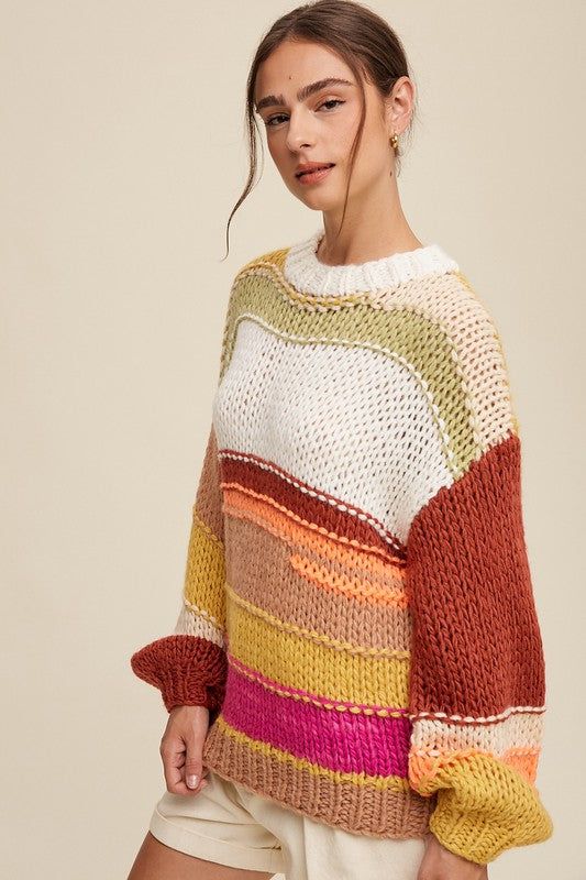 Listicle Open Mixed Knit Slouchy Hand Crochet Sweater us.meeeshop - 