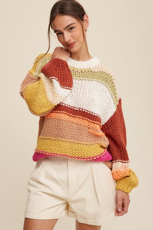 Listicle Open Mixed Knit Slouchy Hand Crochet Sweater us.meeeshop - 