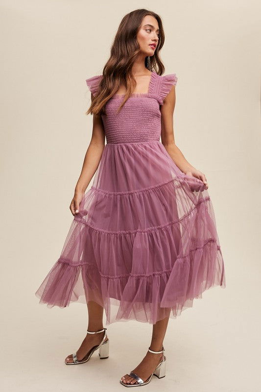 Listicle Smocked Ruffle Tiered Mesh Midi Maxi Dress us.meeeshop - 