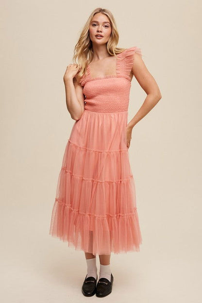 Listicle Smocked Ruffle Tiered Mesh Midi Maxi Dress us.meeeshop - 