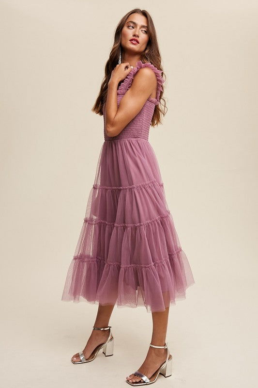 Listicle Smocked Ruffle Tiered Mesh Midi Maxi Dress us.meeeshop - 