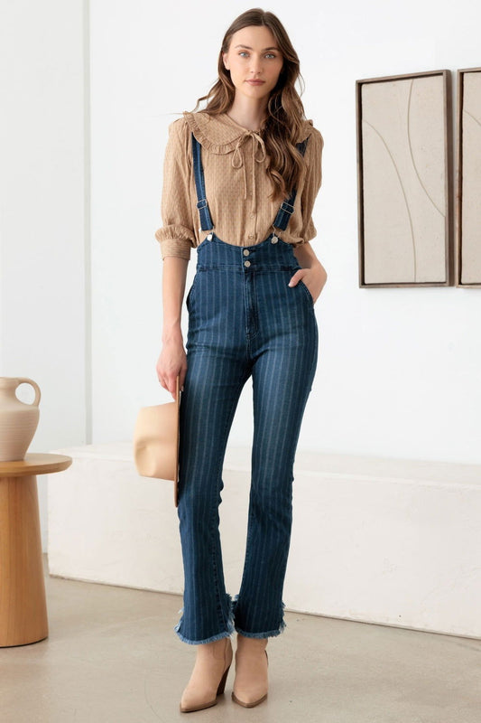 Litz La Striped Stretched Suspender Denim Overalls - us.meeeshop