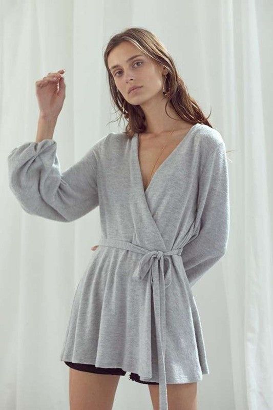 Long Bubble Sleeve Wrap Tunic us.meeeshop - 