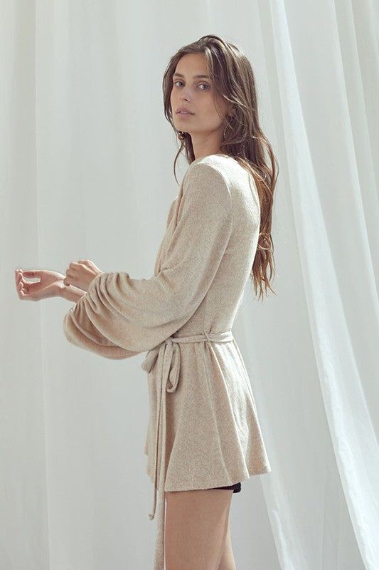 Long Bubble Sleeve Wrap Tunic us.meeeshop - 