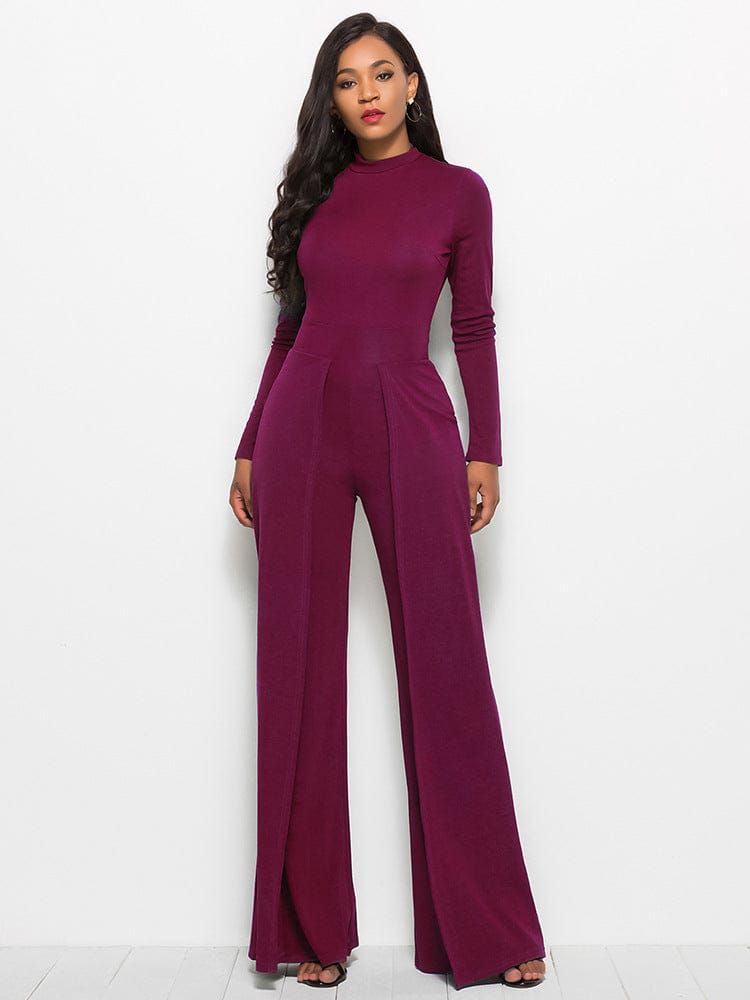 Long Sleeve Mock Neck Wide Leg Jumpsuit us.meeeshop - 