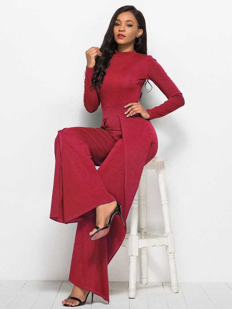 Long Sleeve Mock Neck Wide Leg Jumpsuit us.meeeshop - 