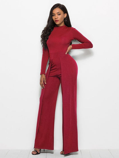 Long Sleeve Mock Neck Wide Leg Jumpsuit us.meeeshop - 