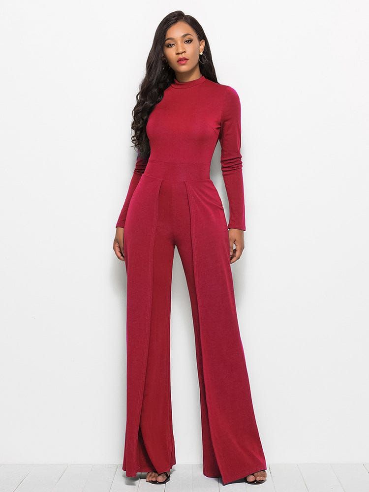 Long Sleeve Mock Neck Wide Leg Jumpsuit us.meeeshop - 