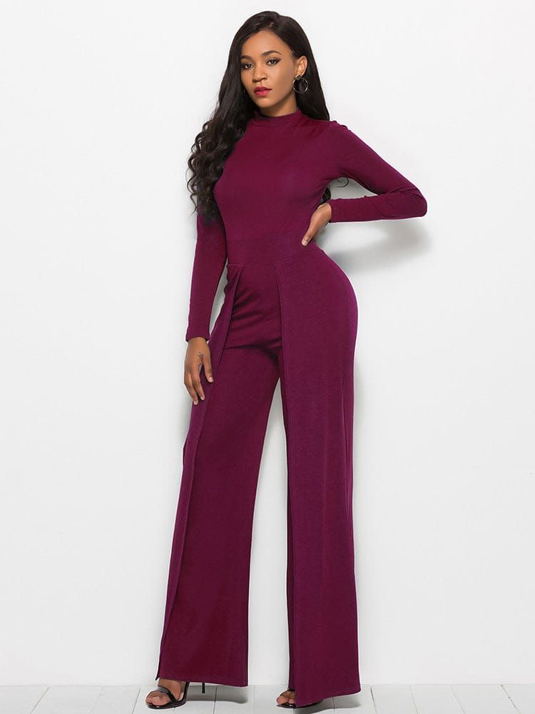 Long Sleeve Mock Neck Wide Leg Jumpsuit us.meeeshop - 