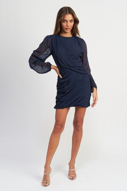 Long Sleeve Ruched Mini Dress us.meeeshop - 