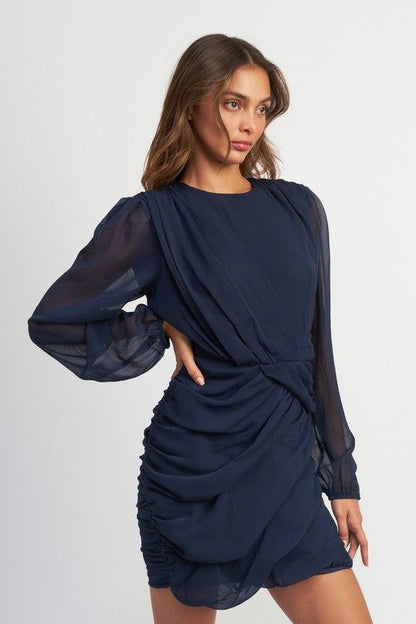 Long Sleeve Ruched Mini Dress us.meeeshop - 