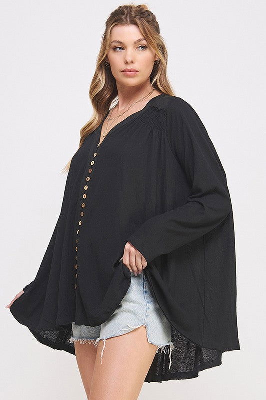 Long Sleeve V-Neck Oversized Button Down Tunic us.meeeshop - 