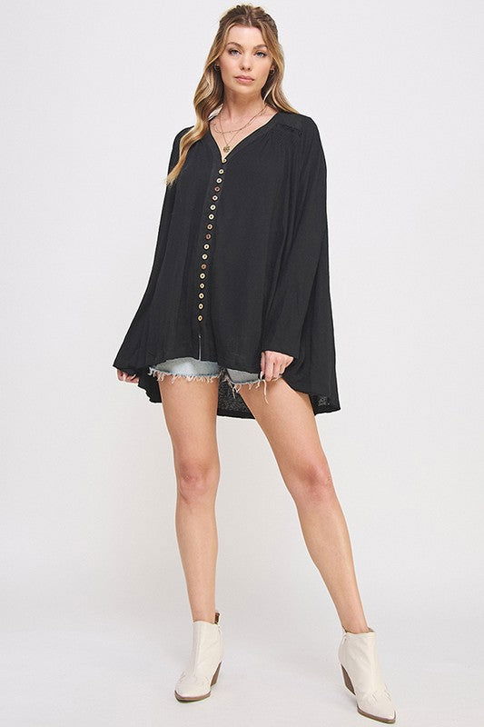 Long Sleeve V-Neck Oversized Button Down Tunic us.meeeshop - 