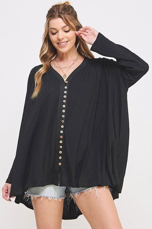 Long Sleeve V-Neck Oversized Button Down Tunic us.meeeshop - Shirts & Tops