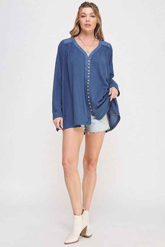 Long Sleeve V-Neck Oversized Button Down Tunic us.meeeshop - 