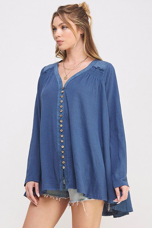 Long Sleeve V-Neck Oversized Button Down Tunic us.meeeshop - 