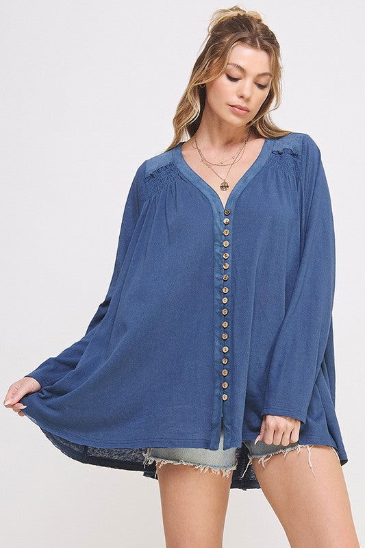 Long Sleeve V-Neck Oversized Button Down Tunic us.meeeshop - 