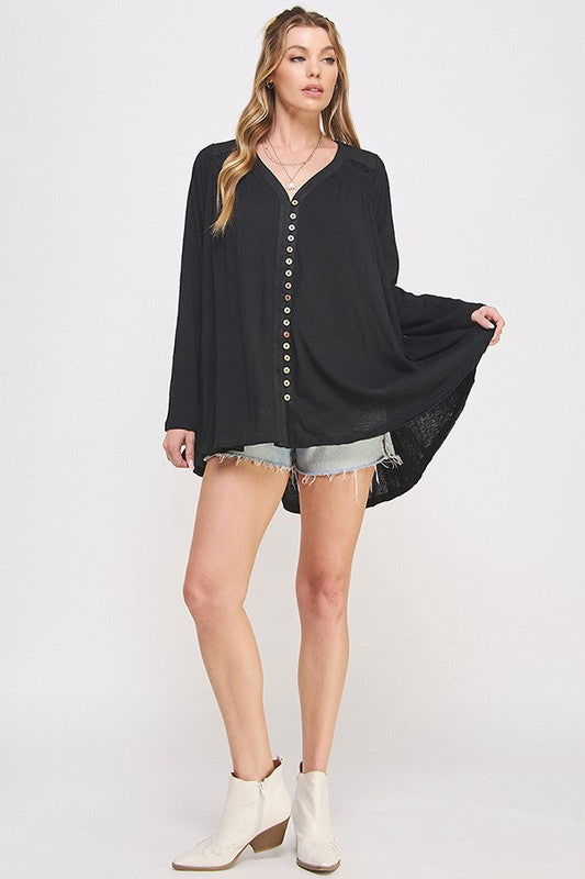 Long Sleeve V-Neck Oversized Button Down Tunic us.meeeshop - 