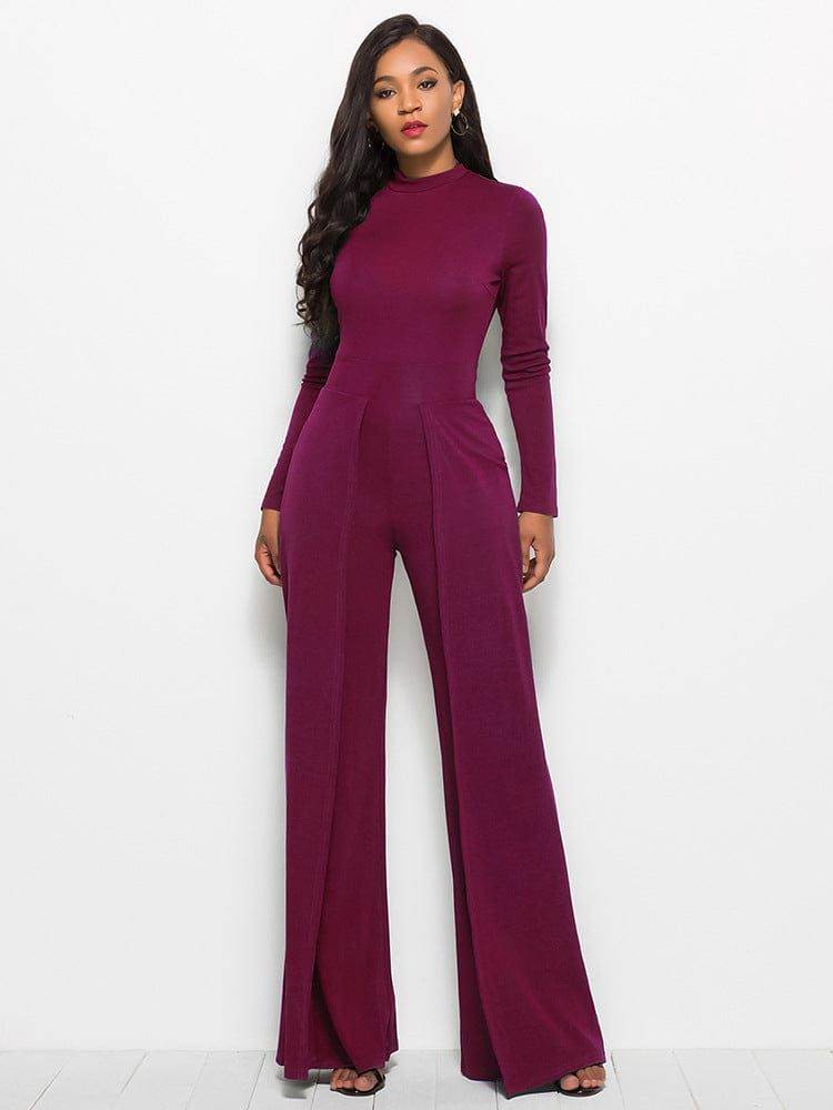 Long Sleeve Mock Neck Wide Leg Jumpsuit - us.meeeshop