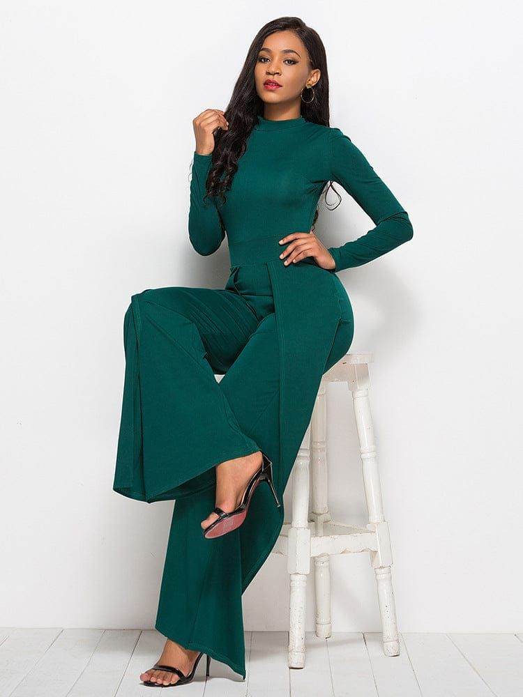 Long Sleeve Mock Neck Wide Leg Jumpsuit - us.meeeshop