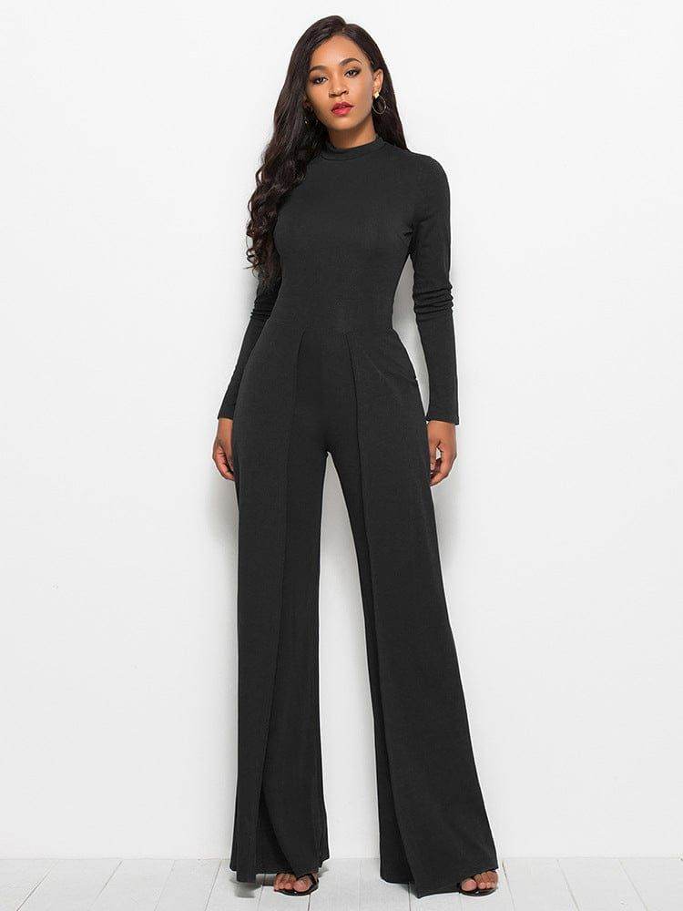 Long Sleeve Mock Neck Wide Leg Jumpsuit - us.meeeshop