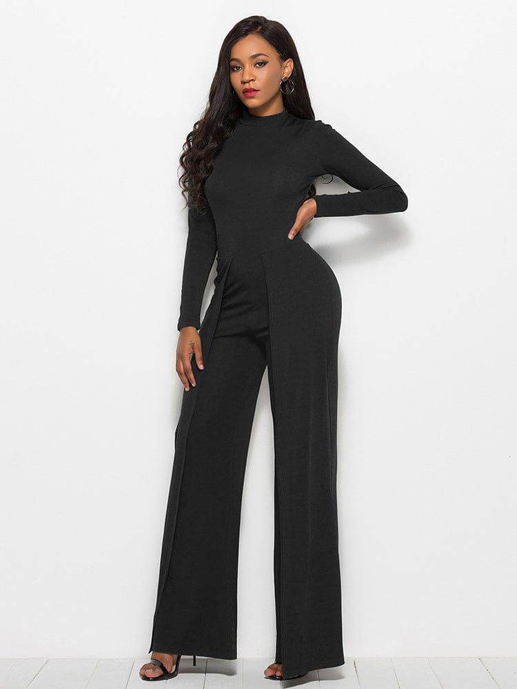 Long Sleeve Mock Neck Wide Leg Jumpsuit - us.meeeshop