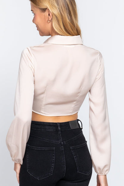 Long Sleeve Notched Collar Front Twisted Detail Crop Woven Top - us.meeeshop