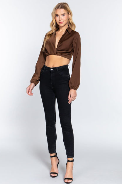 Long Sleeve Notched Collar Front Twisted Detail Crop Woven Top - us.meeeshop