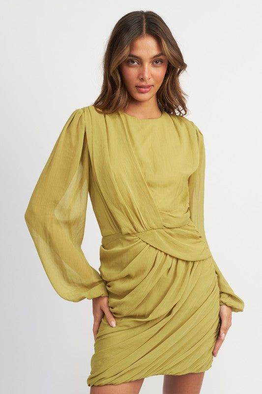 Long Sleeve Ruched Mini Dress - us.meeeshop