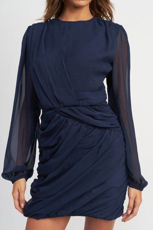 Long Sleeve Ruched Mini Dress - us.meeeshop