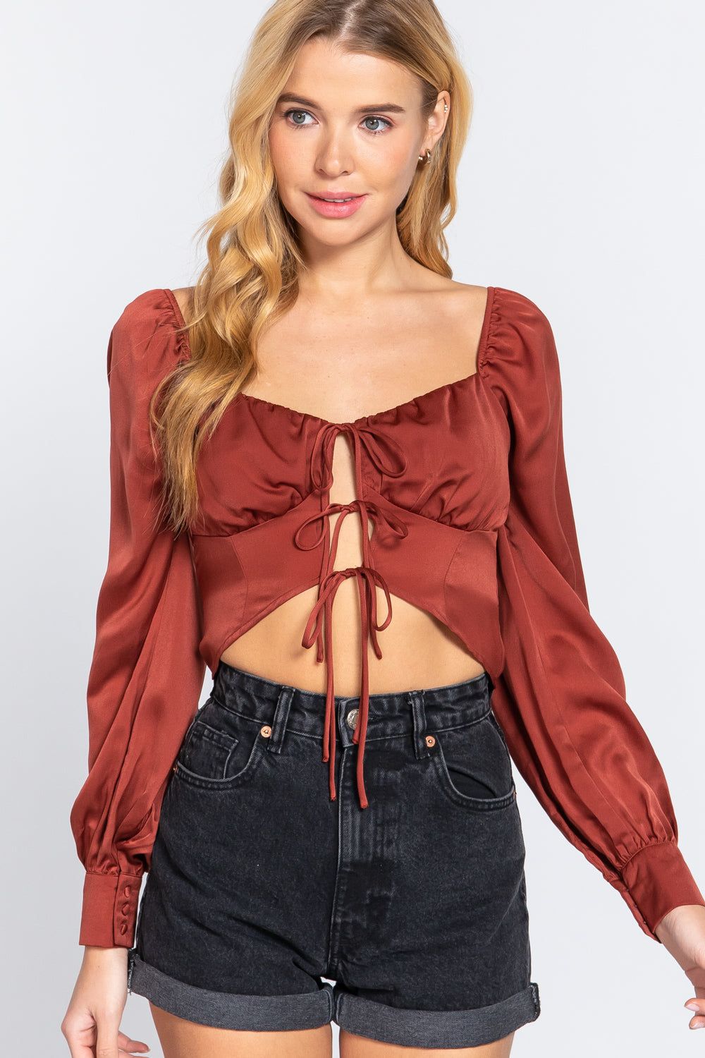 Long Sleeve Sweetheart Neck Front Ribbon Tie Detail Woven Top - us.meeeshop
