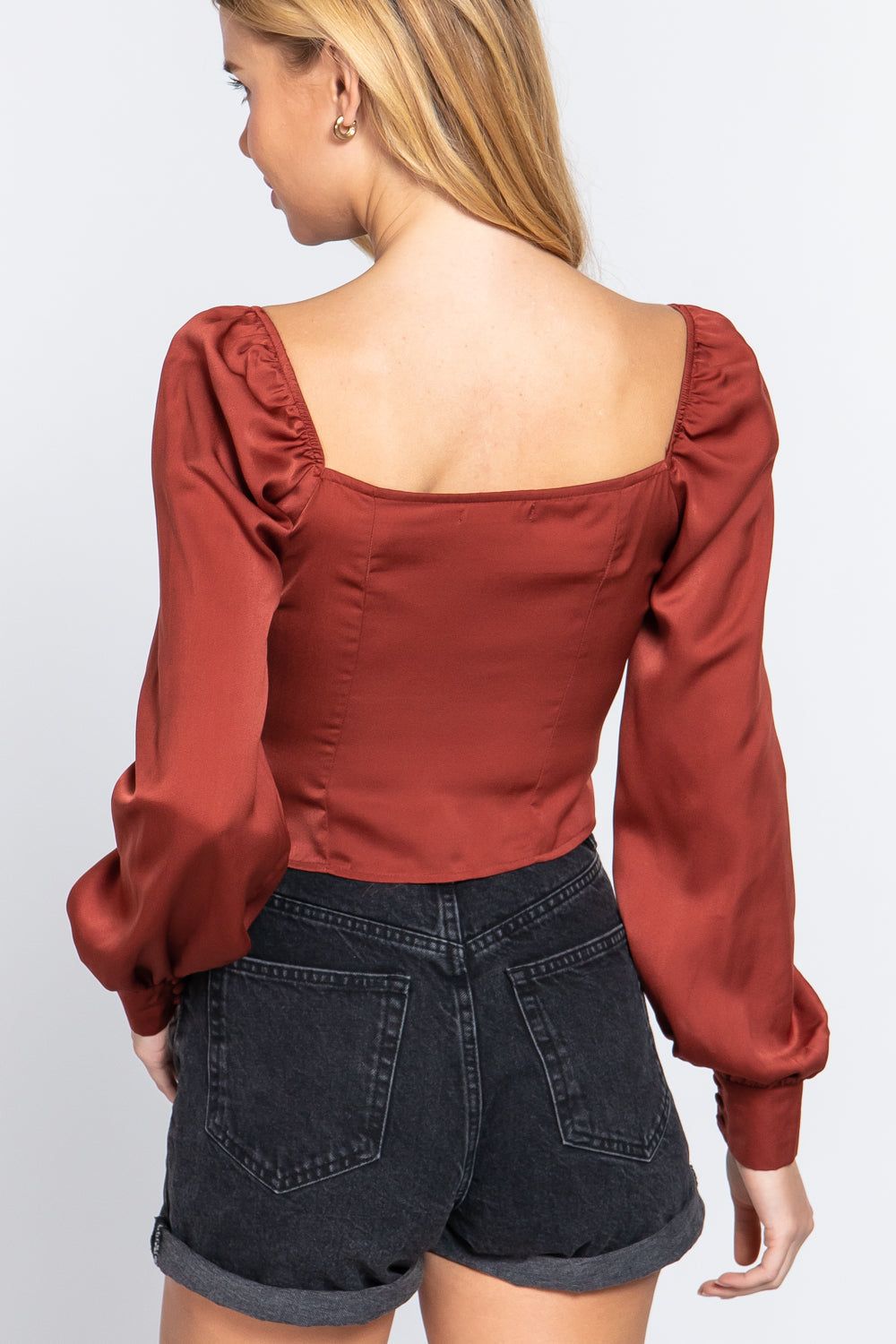 Long Sleeve Sweetheart Neck Front Ribbon Tie Detail Woven Top - us.meeeshop
