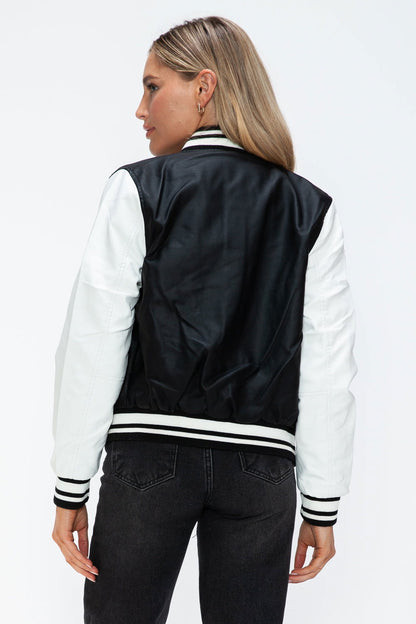 Love Me Now PU Leather Contrast Snap Down Bomber Jacket In Black us.meeeshop - 